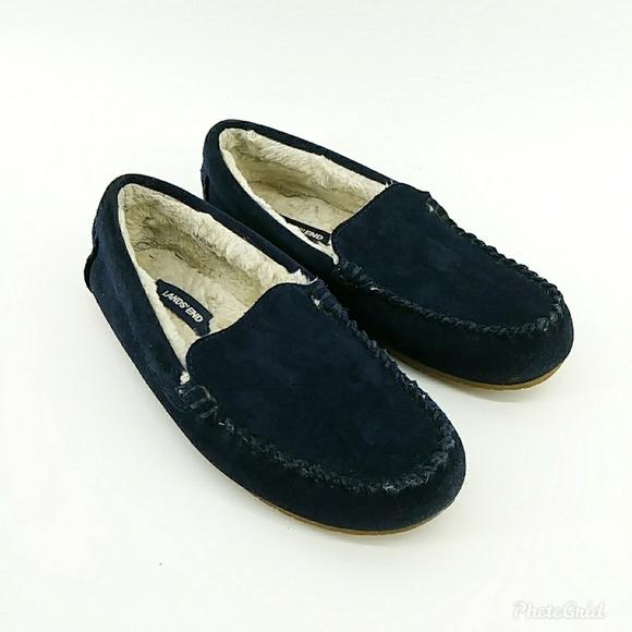 Lands End Suede Leather Moccasins Slippers Navy Blue Faux Fur Lining 7B - Picture 1 of 9